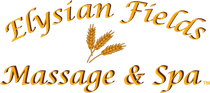Elysian Fields Massage & Spa logo in gold script with wheat graphic on white background
