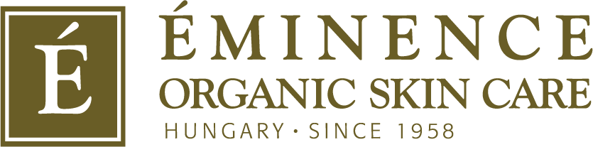 Éminence Organic Skin Care logo with gold square icon and green text on white background