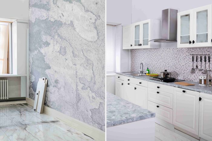 Two pictures of a kitchen before and after being remodeled.