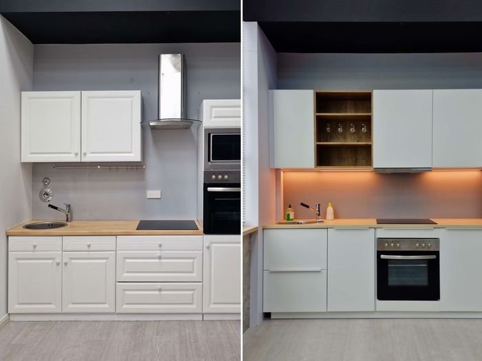 A before and after photo of a kitchen with white cabinets.