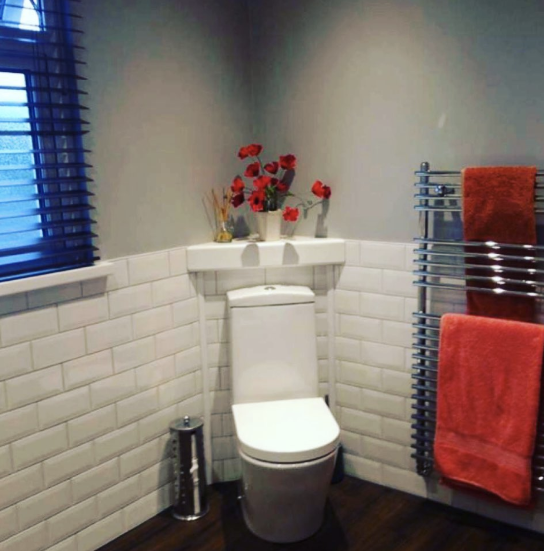 A bathroom with a toilet and a window with blinds