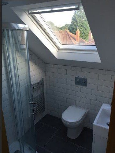 A bathroom with a toilet , sink , shower and skylight.