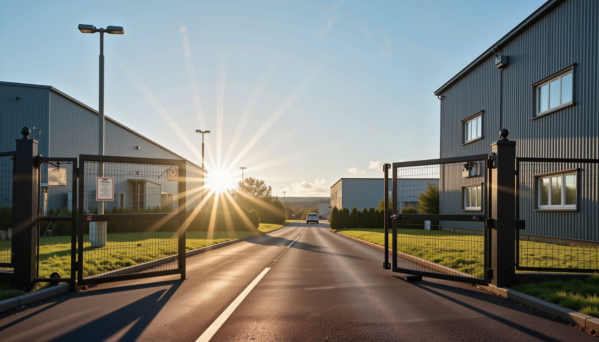 Open security gates leading to industrial buildings with road and sunrise in background.