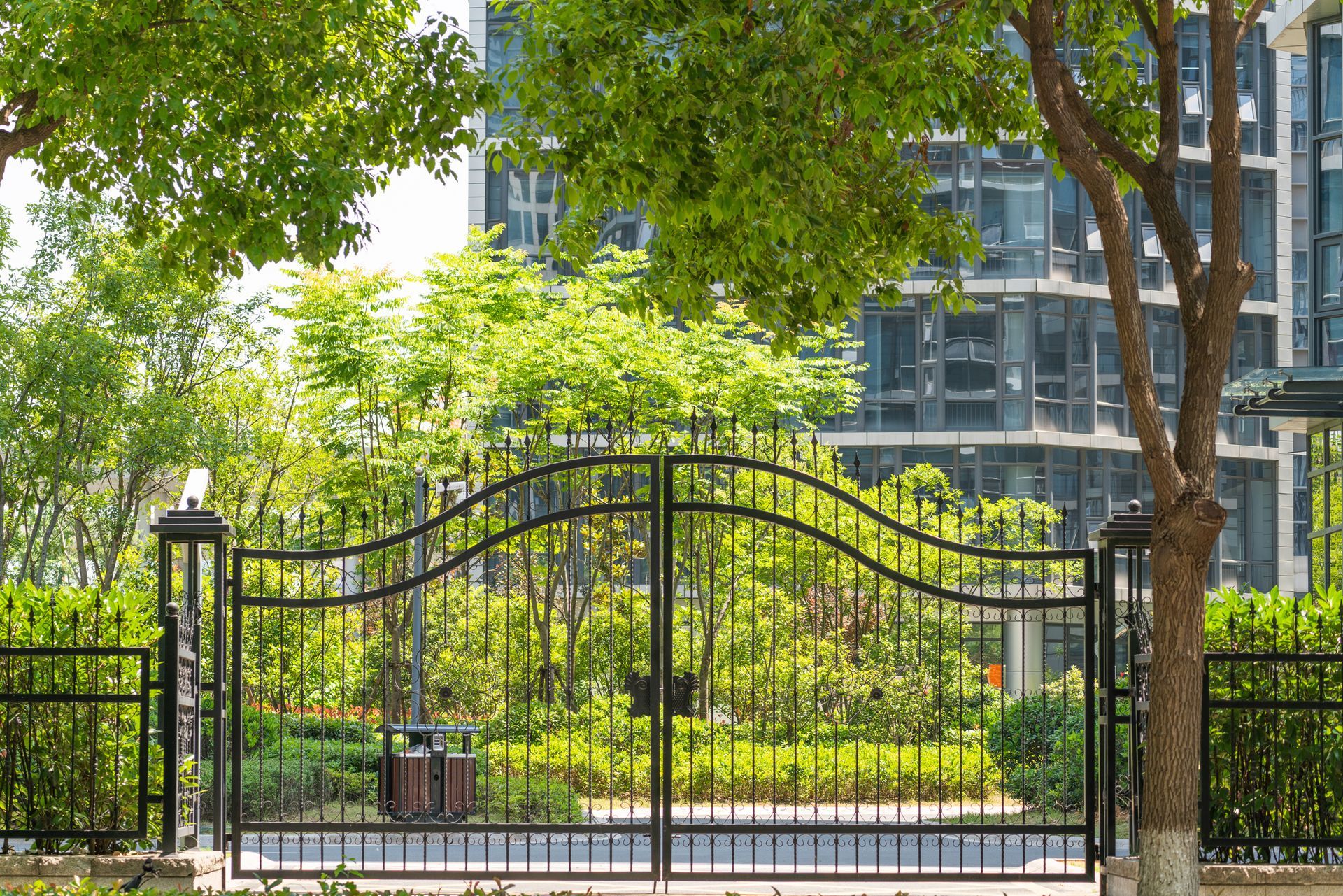 Commercial property showcasing elegant iron gates.
