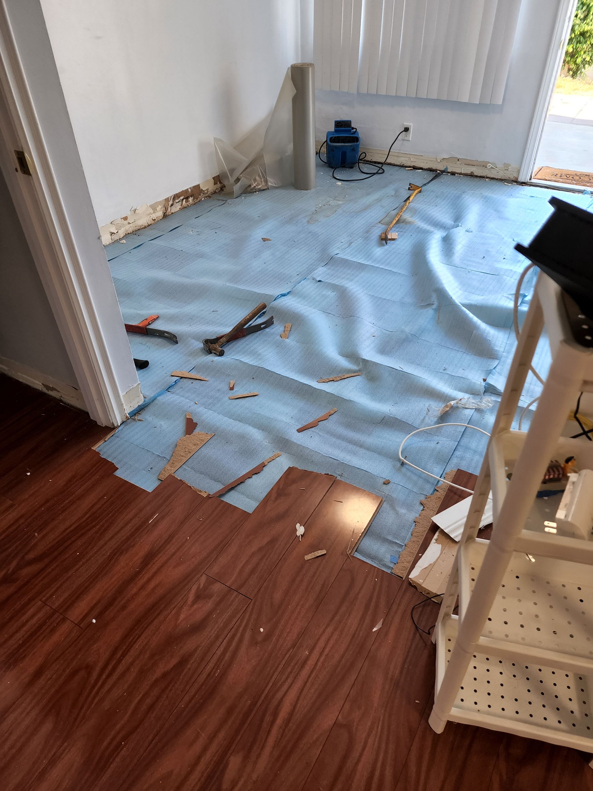 A room with a wooden floor and a blue tarp on the floor.