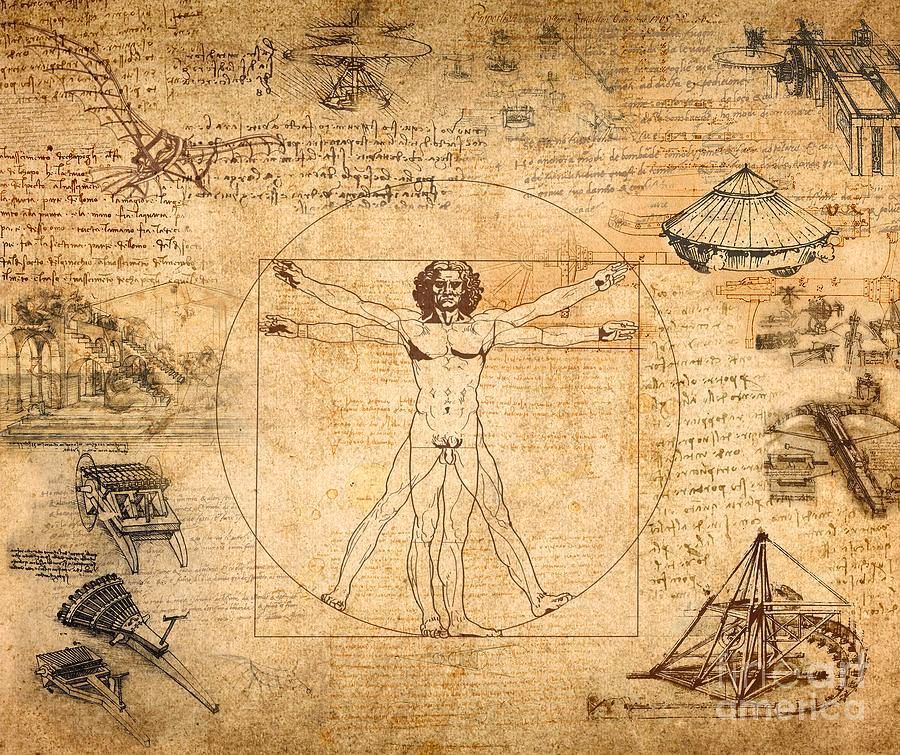 Leonardo da Vinci's Vitruvian Man inside a circle, surrounded by sketches on aged parchment paper.