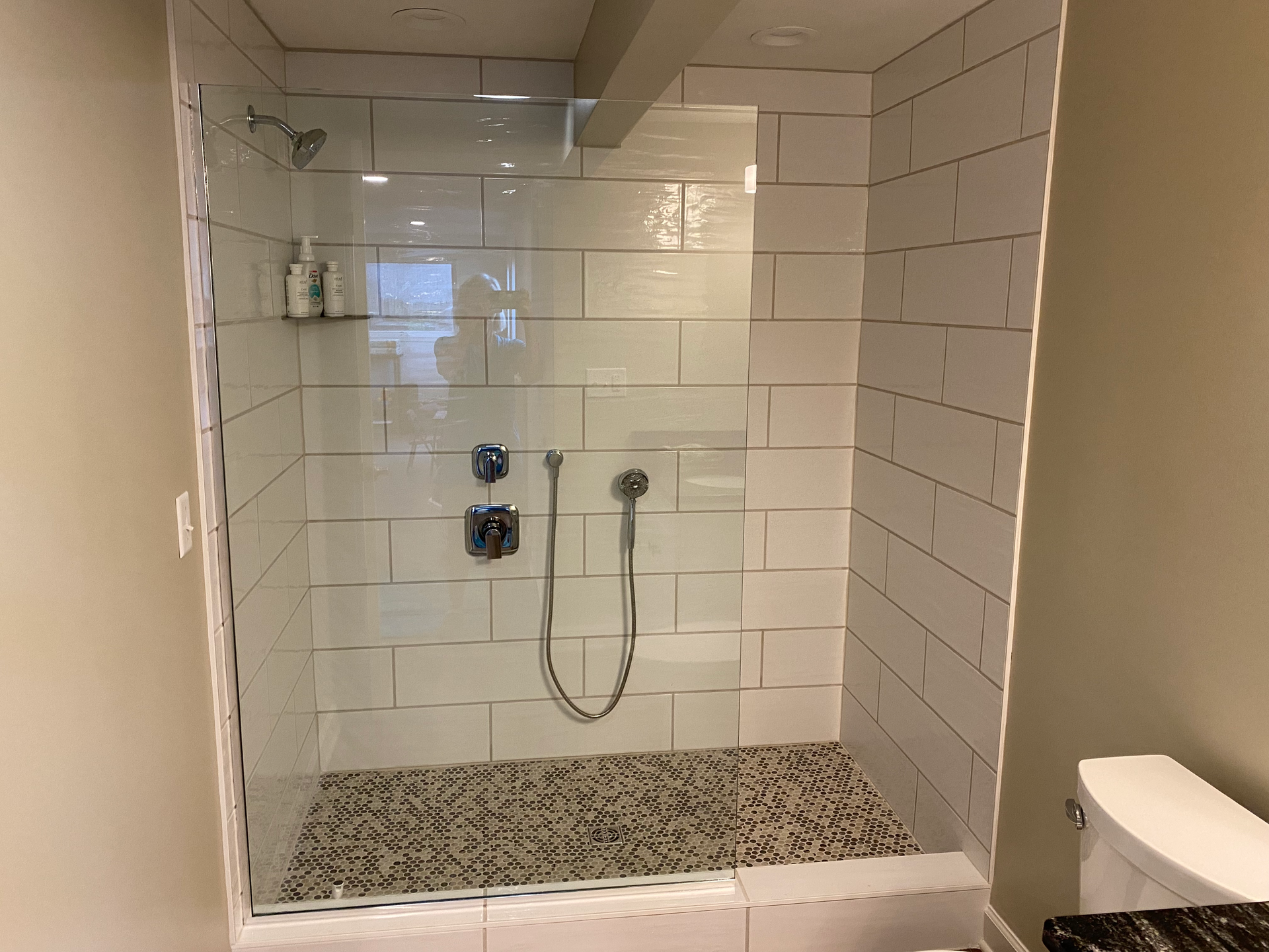 A bathroom with a walk in shower and a toilet.