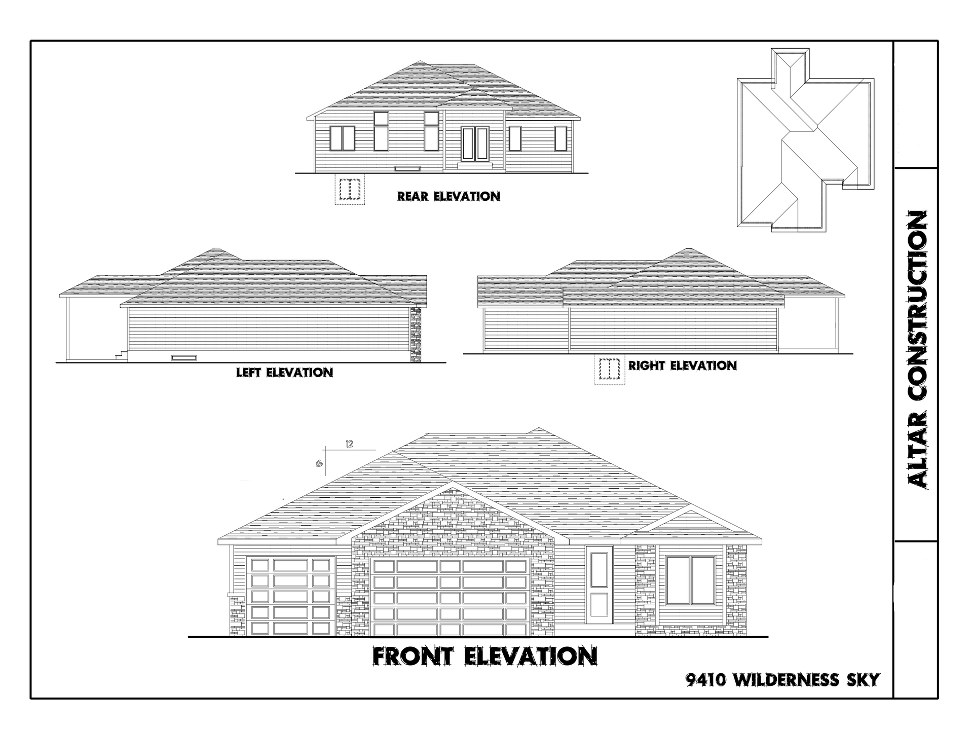 Architectural blueprint of a house with front, side, and rear elevations, and a roof plan, labeled with Altar Construction.