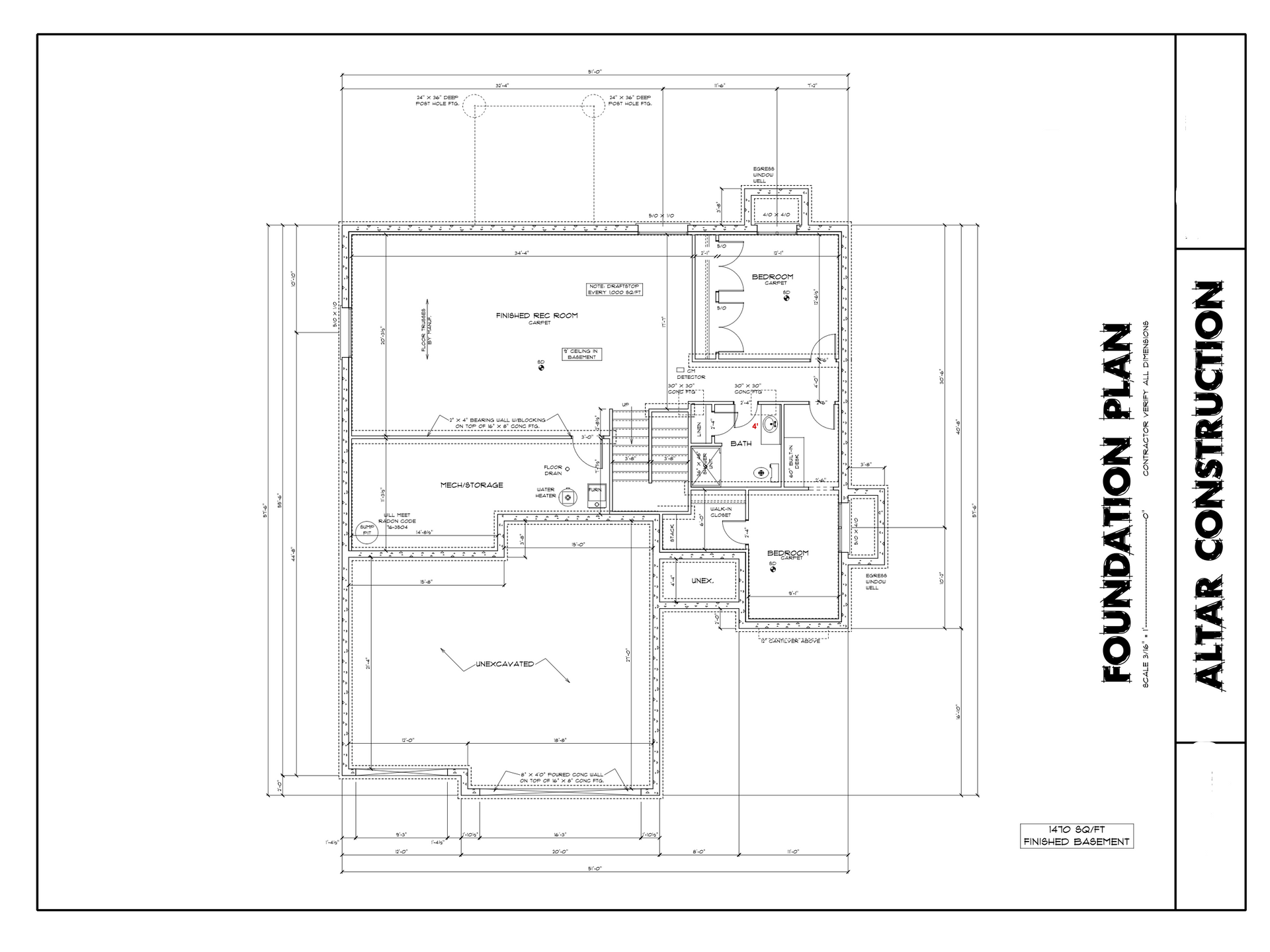 Foundation plan for Altar Construction, showing building layout with dimensions and details in black lines