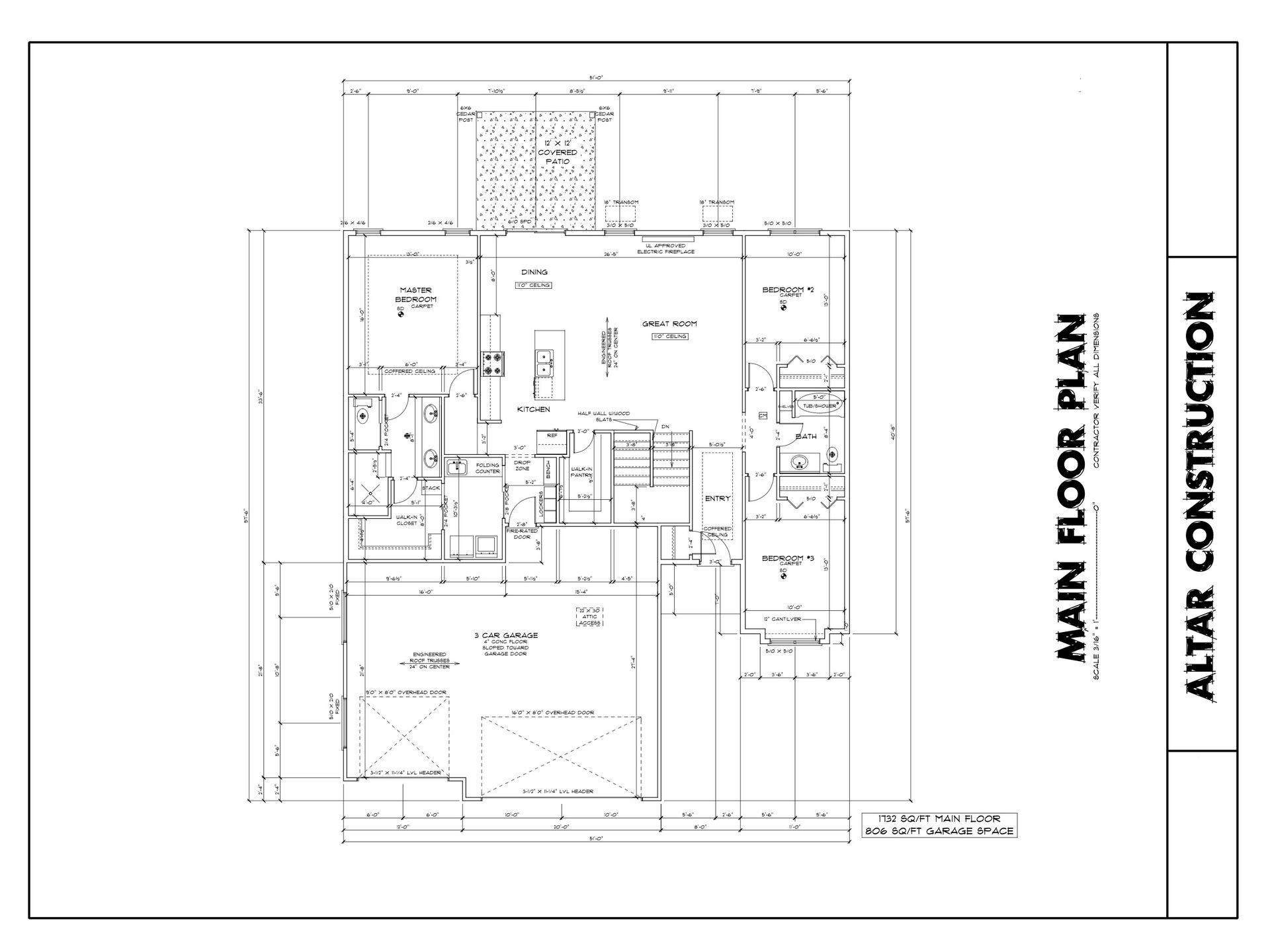 Architectural floor plan by Altar Construction, featuring rooms, walls, dimensions, and various construction details.