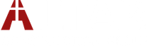 A red and white logo on a white background.