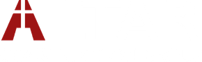 A red and white logo on a white background.