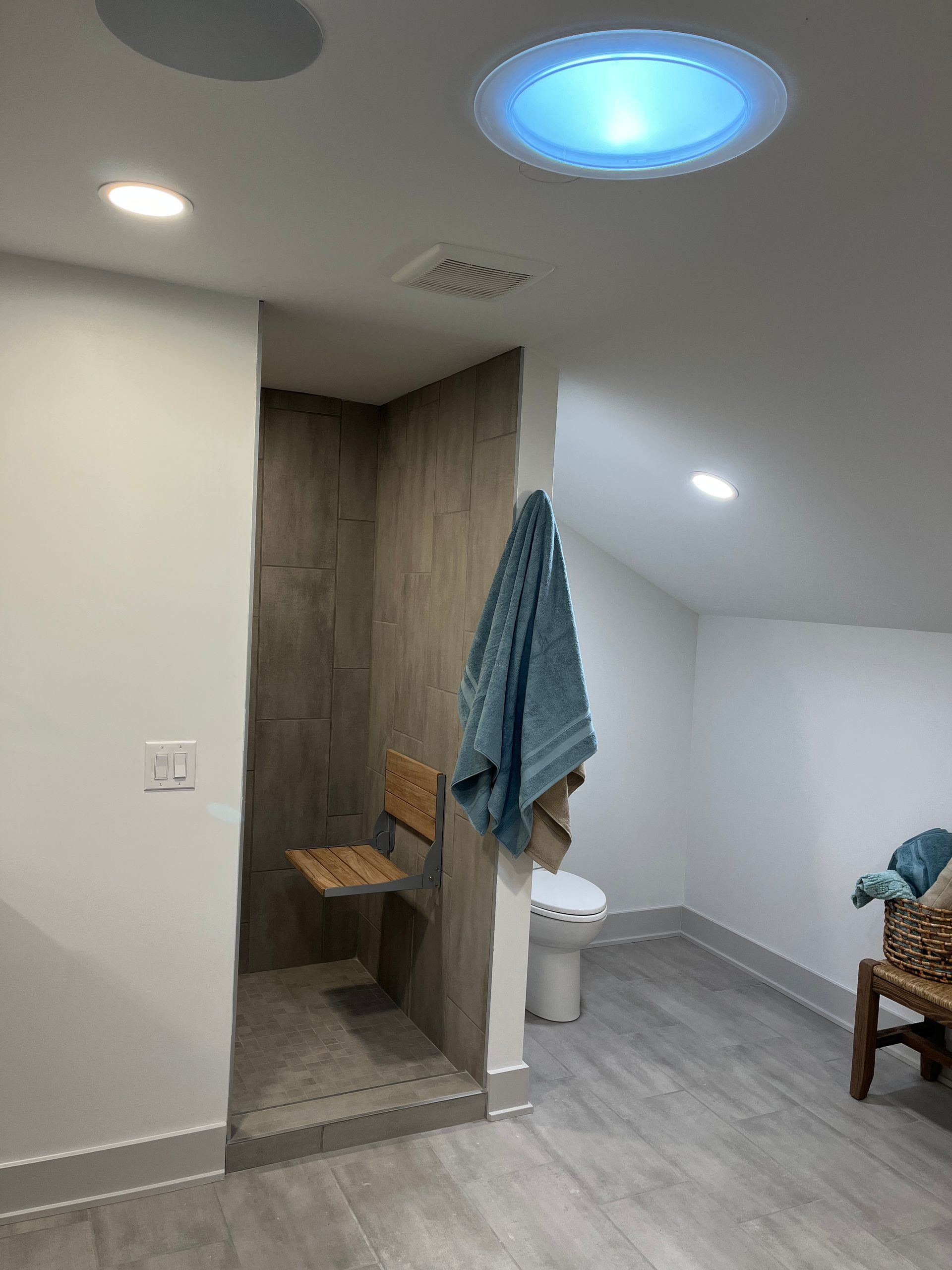 A bathroom with a toilet , shower and chair.