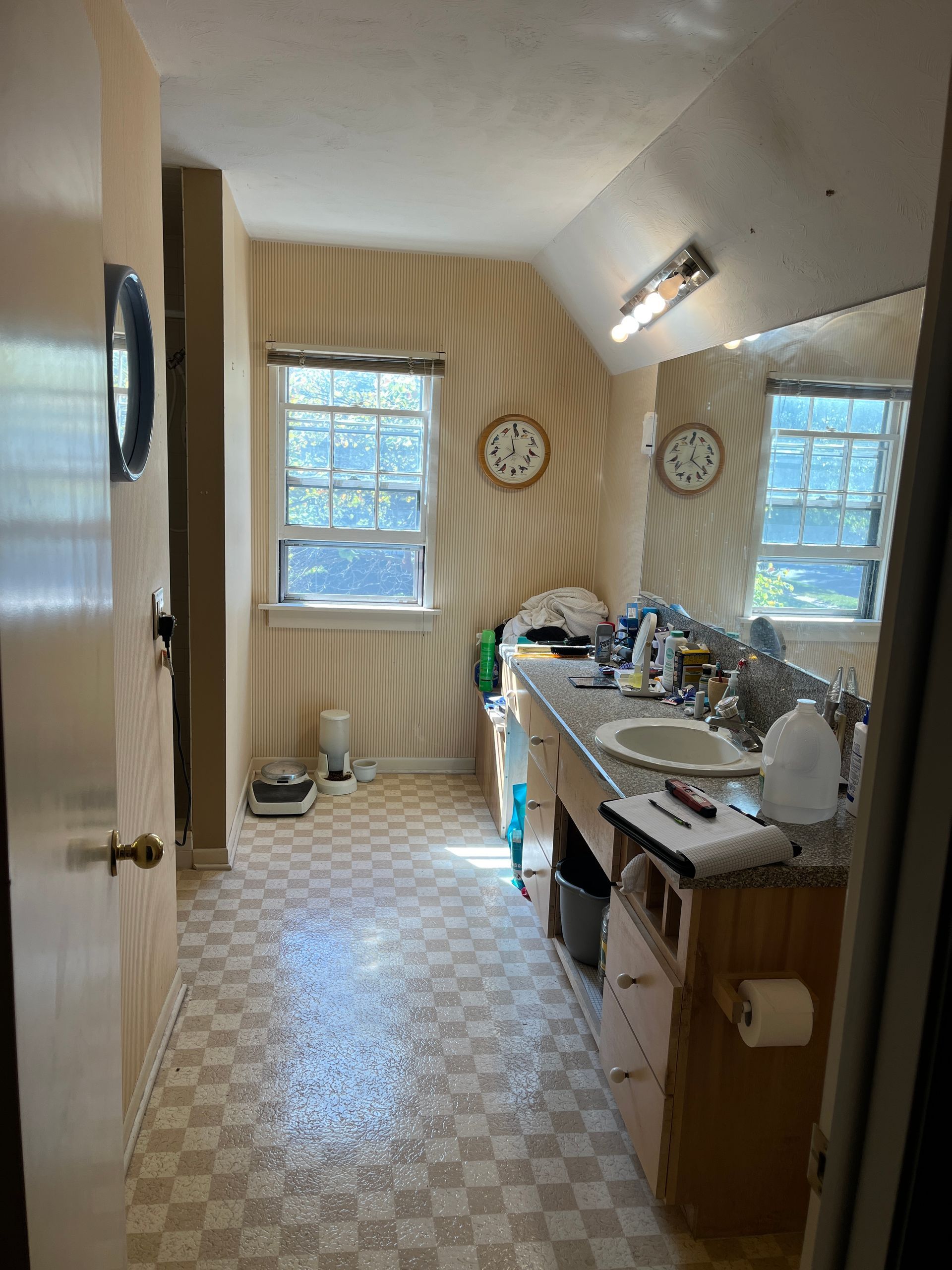 Bathroom with vanity, window, and patterned wallpaper. Clocks on the walls. Light shining in.