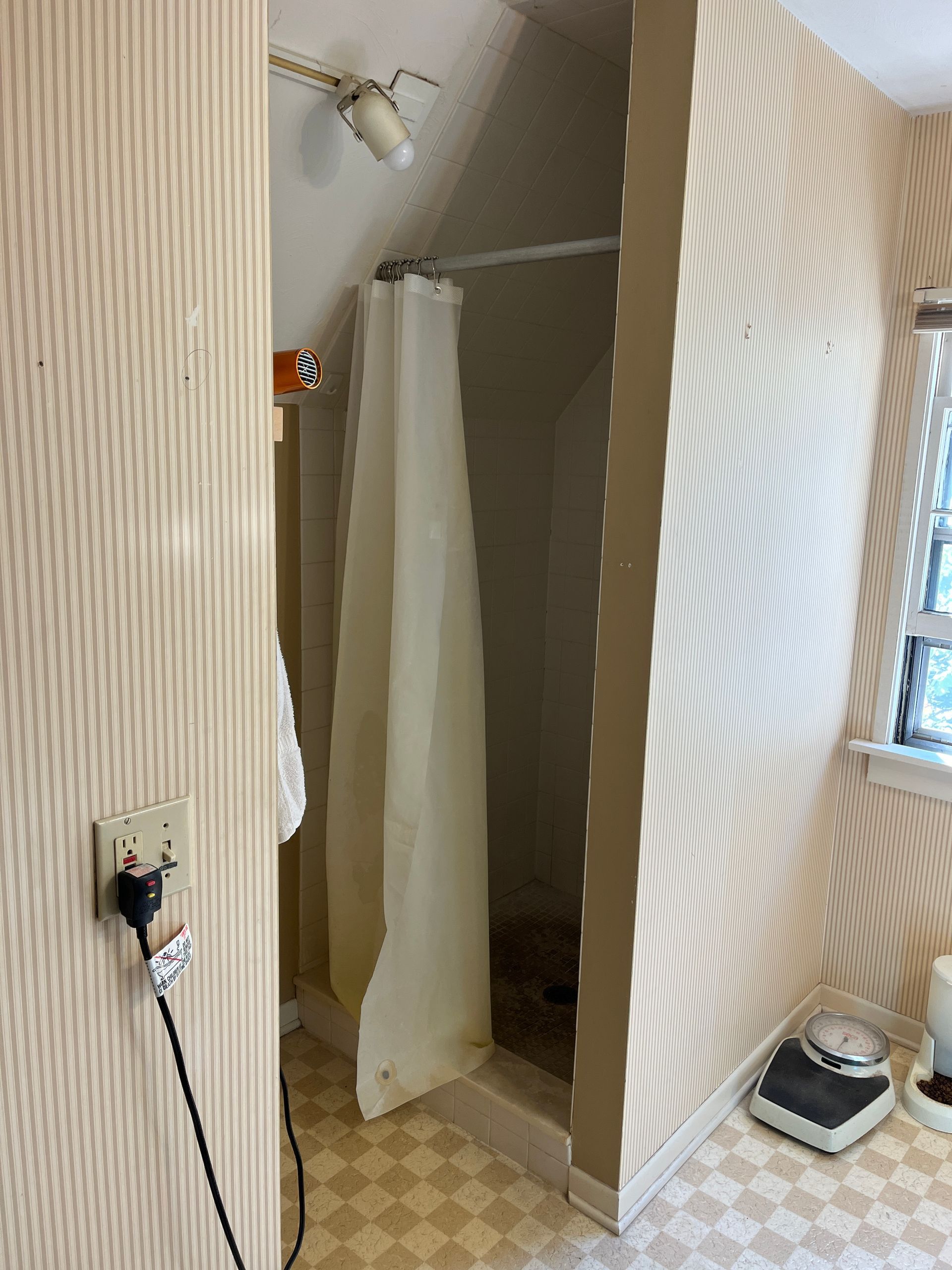Bathroom with shower stall, patterned wallpaper, light-colored shower curtain, and a scale on the floor.