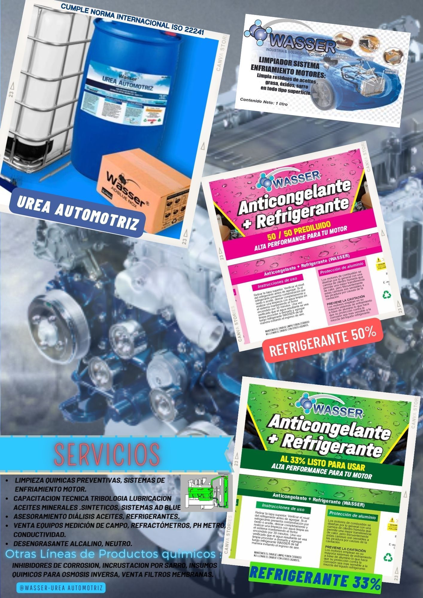 Anuncio de productos automotrices, incluyendo anticongelantes. Presenta fluidos, motor y servicios.