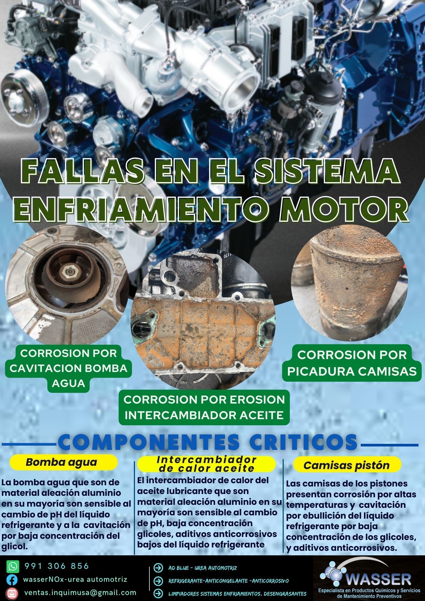 Un anuncio que muestra fallas en el sistema de enfriamiento del motor: corrosión y daños en las piezas.