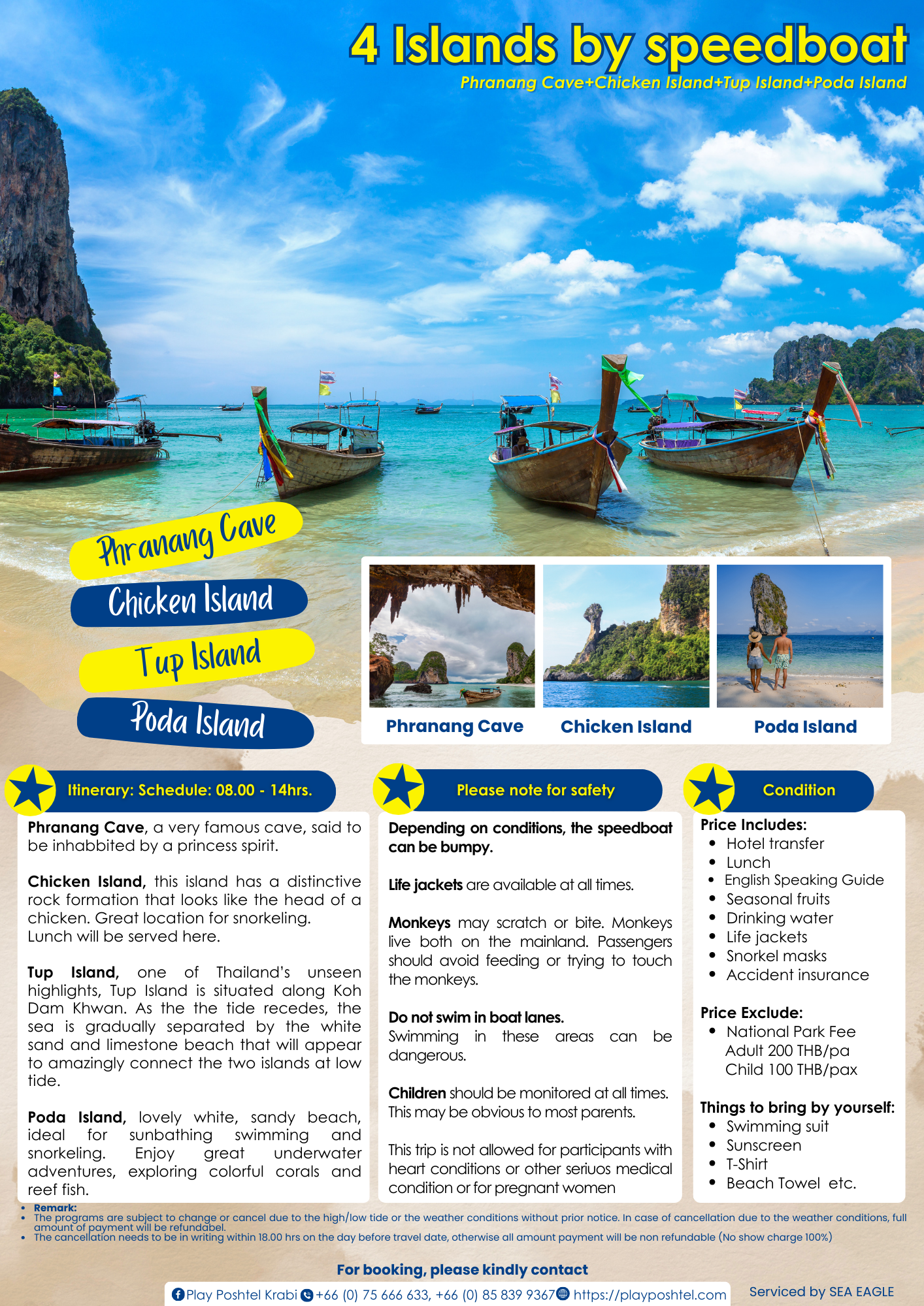 Advertisement for a speedboat tour of four islands: Phranang Cave, Chicken Island, Tup Island, and Poda Island in Thailand.