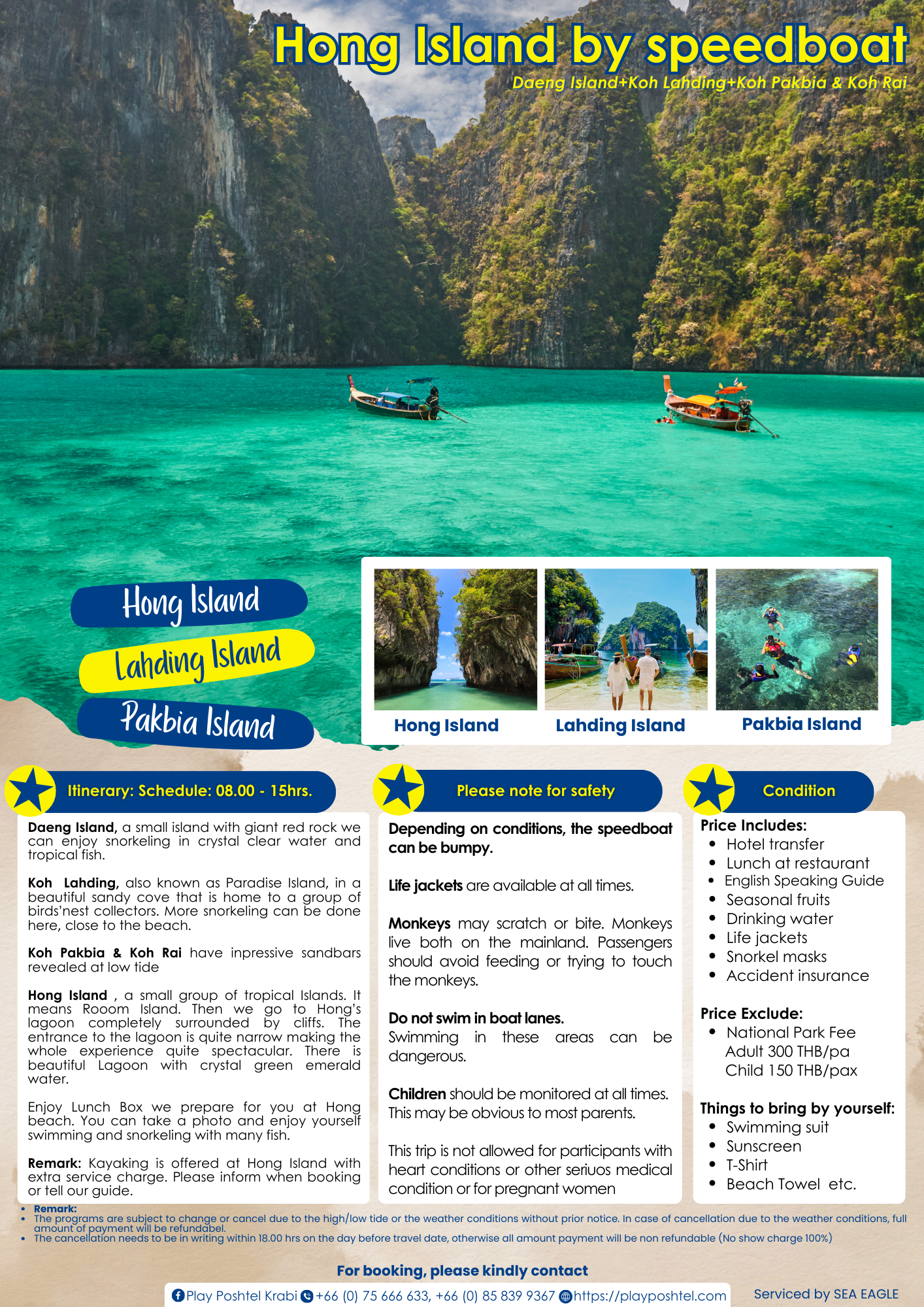 Hong Island speedboat tour advertisement: turquoise water, boats, mountains, snorkeling, swimming.