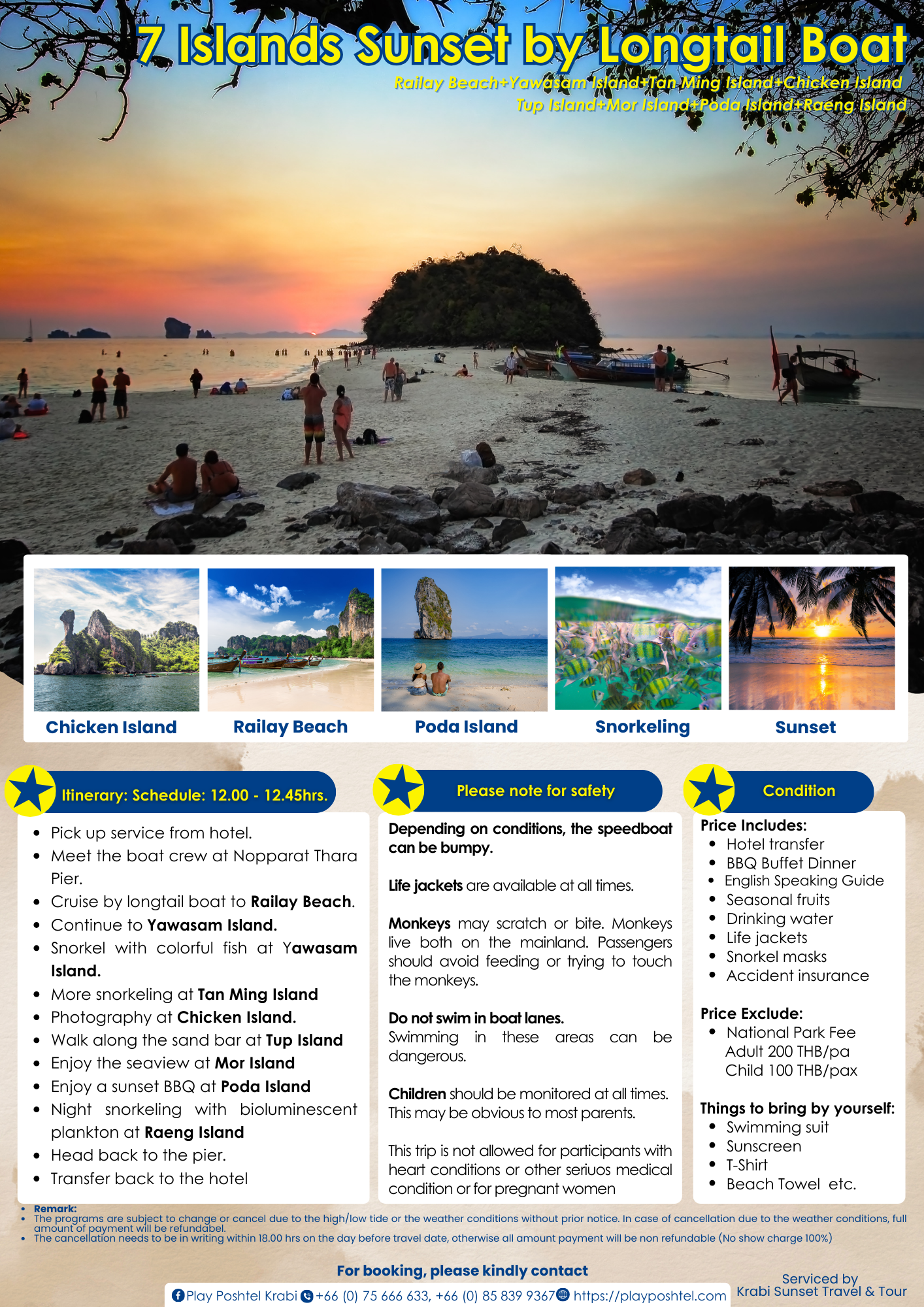 Sunset longtail boat tour showcasing seven islands in Thailand.