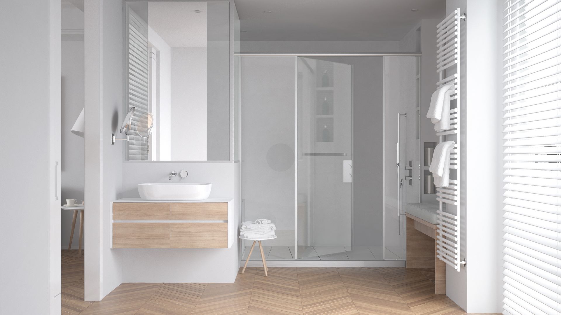 A bright, modern bathroom with a wood vanity, white basin, a walk-in glass shower, and a towel rack with white towels.