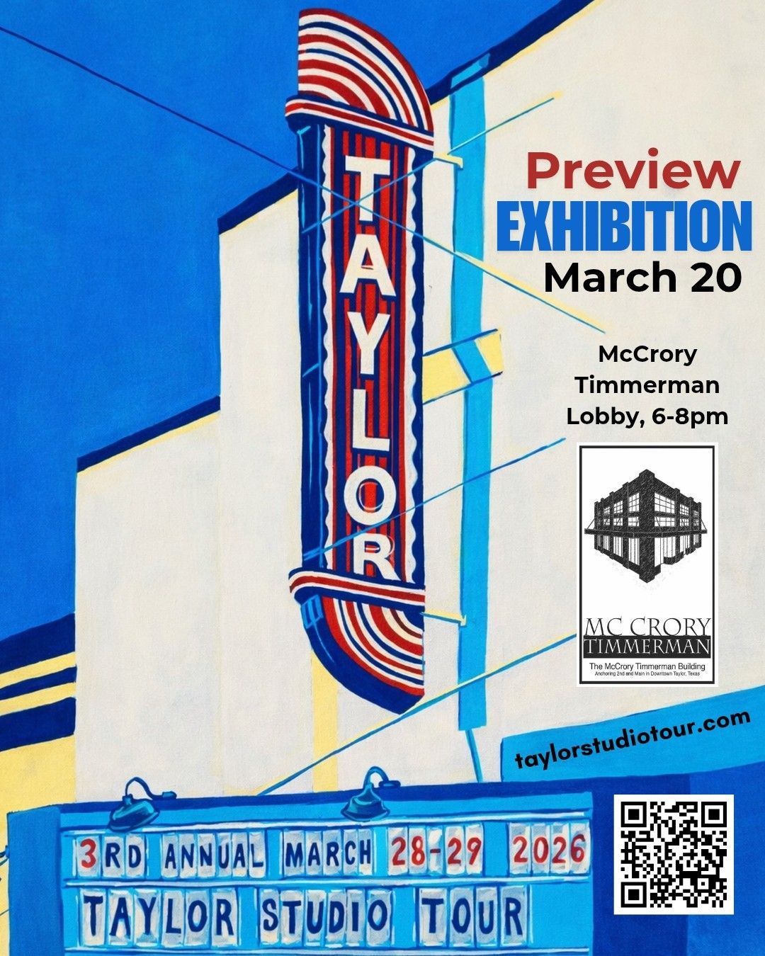 Taylor exhibit poster with red, white, and blue signage and March 20 preview details