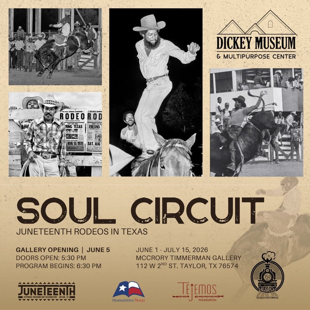 Soul Circuit exhibit poster with black-and-white rodeo photos and event details on a tan background