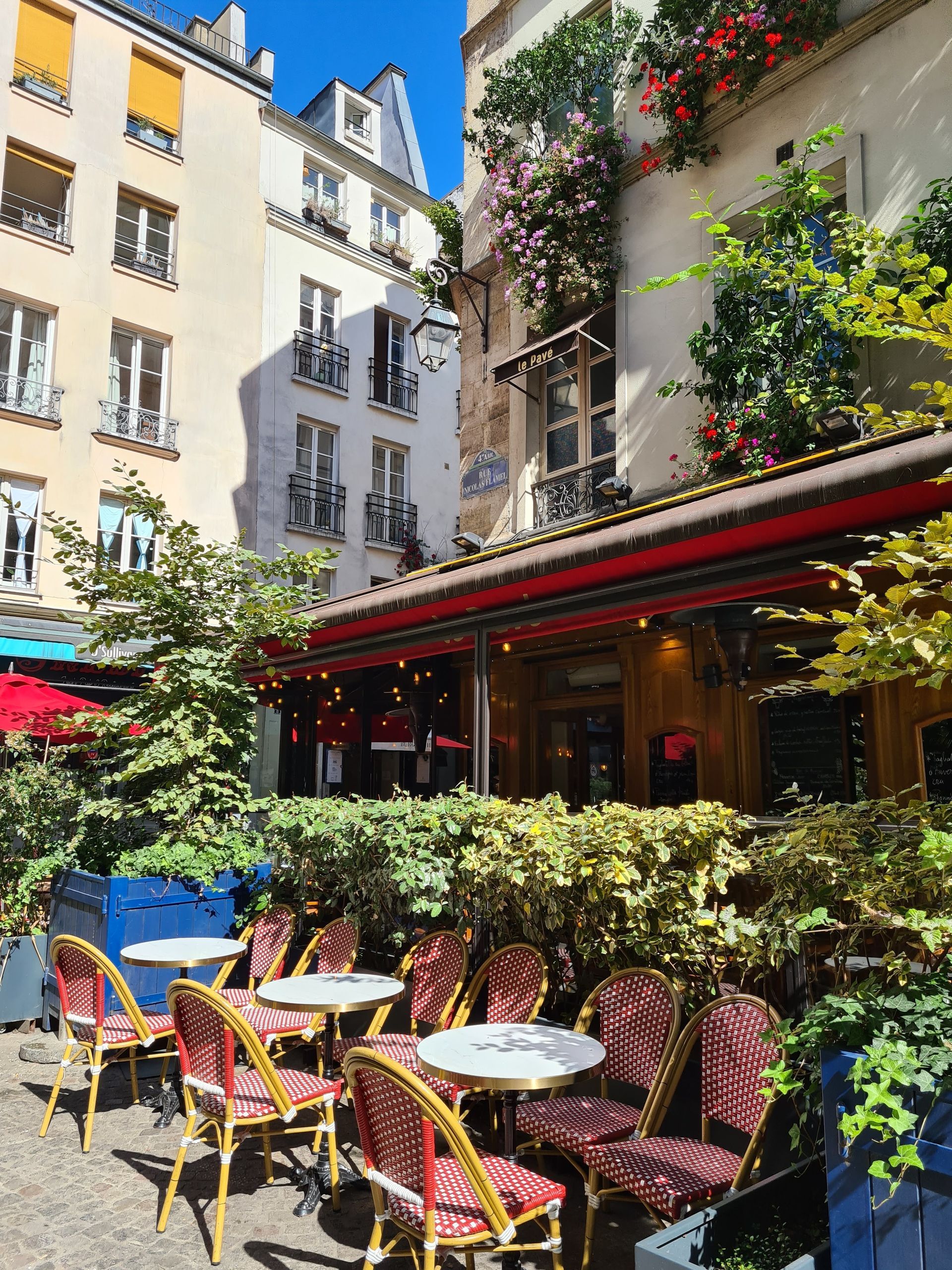 在陽光明媚的日子裡，巴黎一家露天咖啡館，紅色遮陽棚下擺放著桌椅，周圍綠樹環繞。