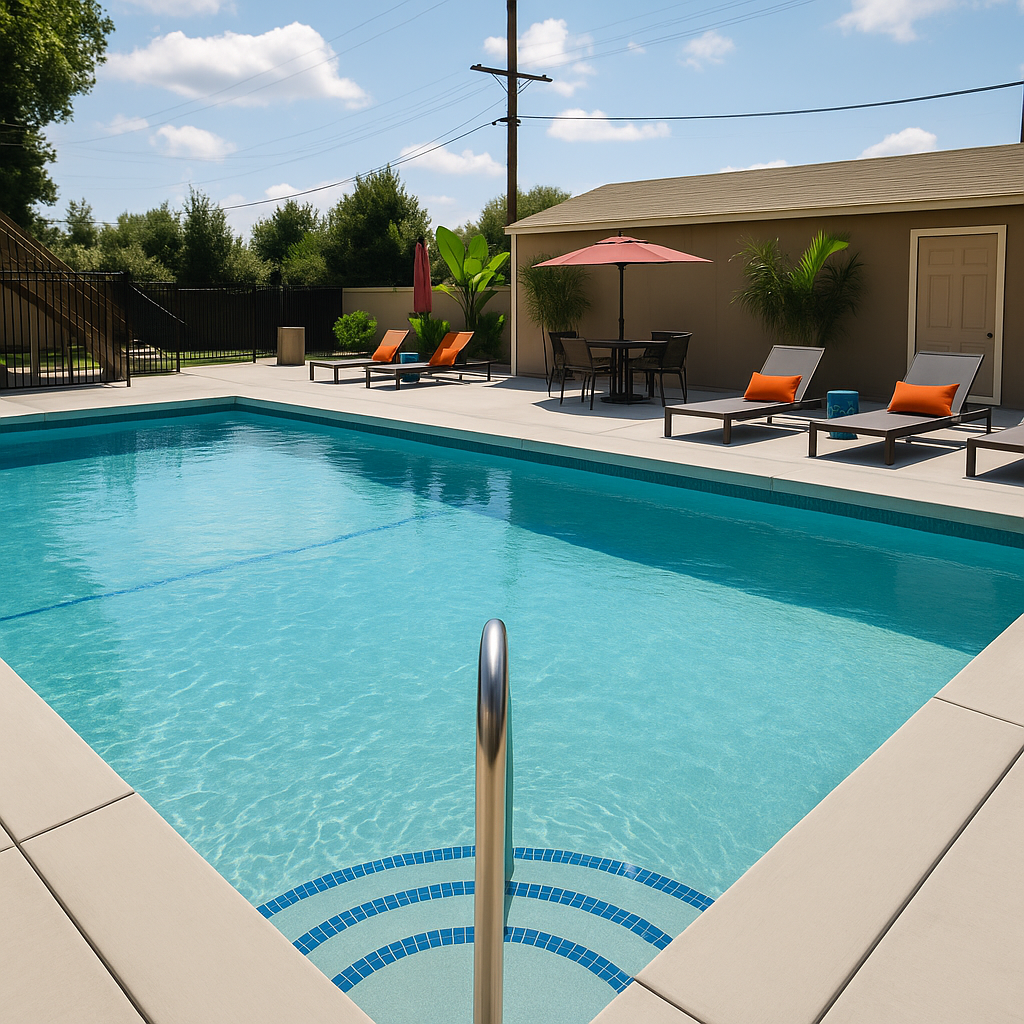 Pool with lounge chairs, umbrella, and small building in a sunny outdoor setting.