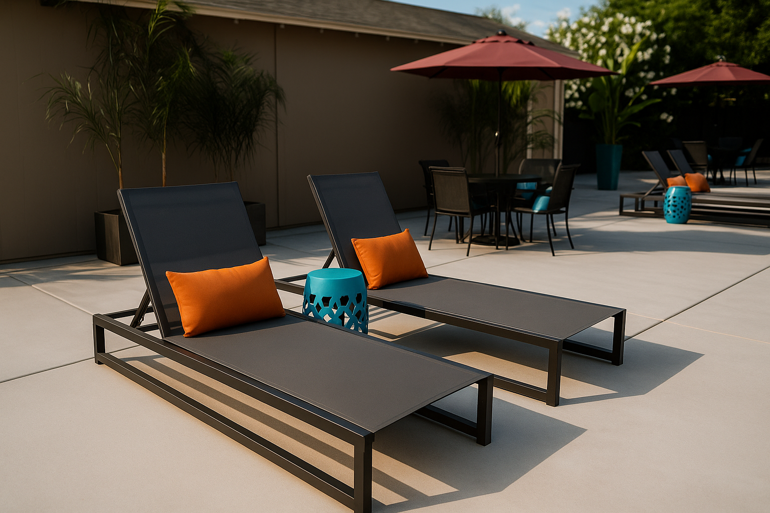 Two grey lounge chairs with orange pillows, a teal stool, and a table with umbrellas.