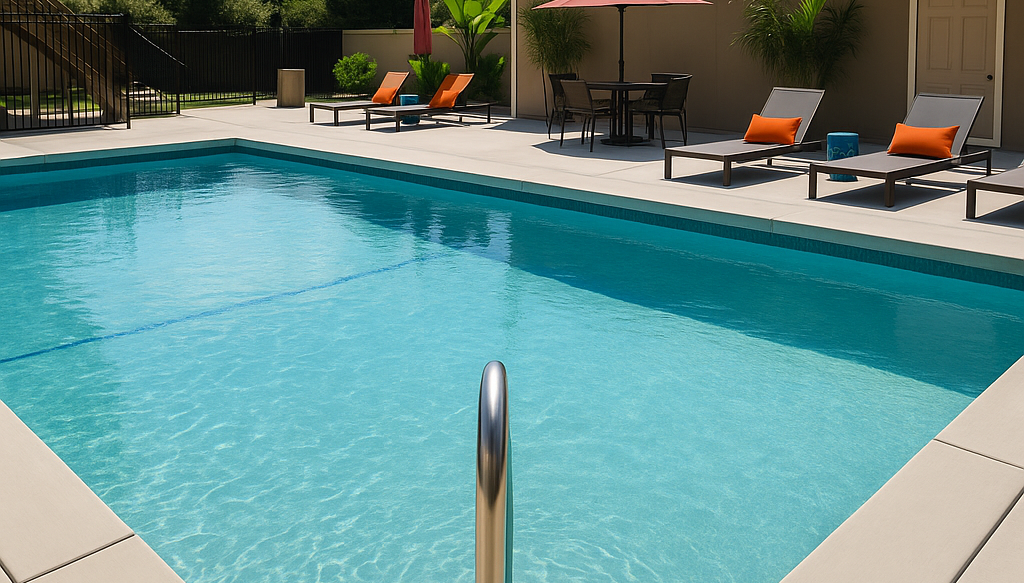 Pool with lounge chairs, patio table, and a stainless steel handrail on a sunny day.