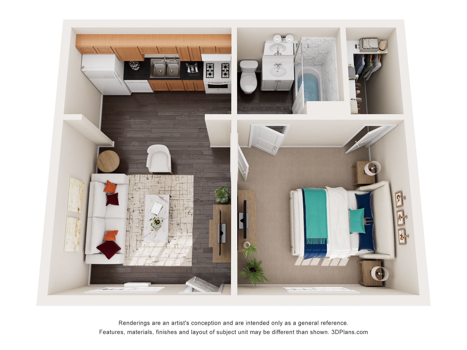 Floor plan of an apartment, showing a kitchen, living area, bedroom, and bathroom.