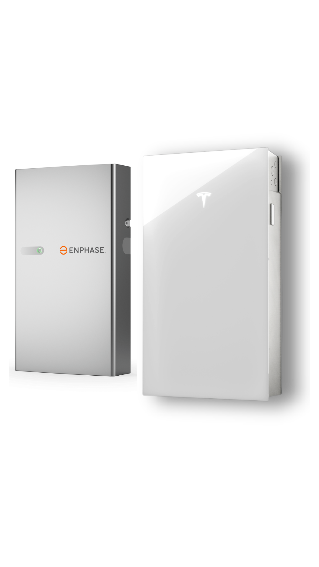 Two white rectangular energy storage units: one with a logo and the other with a