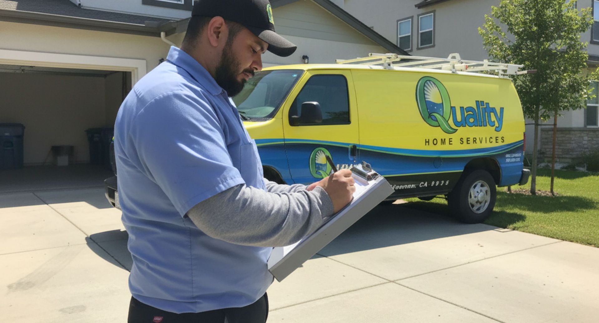 Man in blue shirt, clipboard in hand, stands in front of a Quality Home Services van.