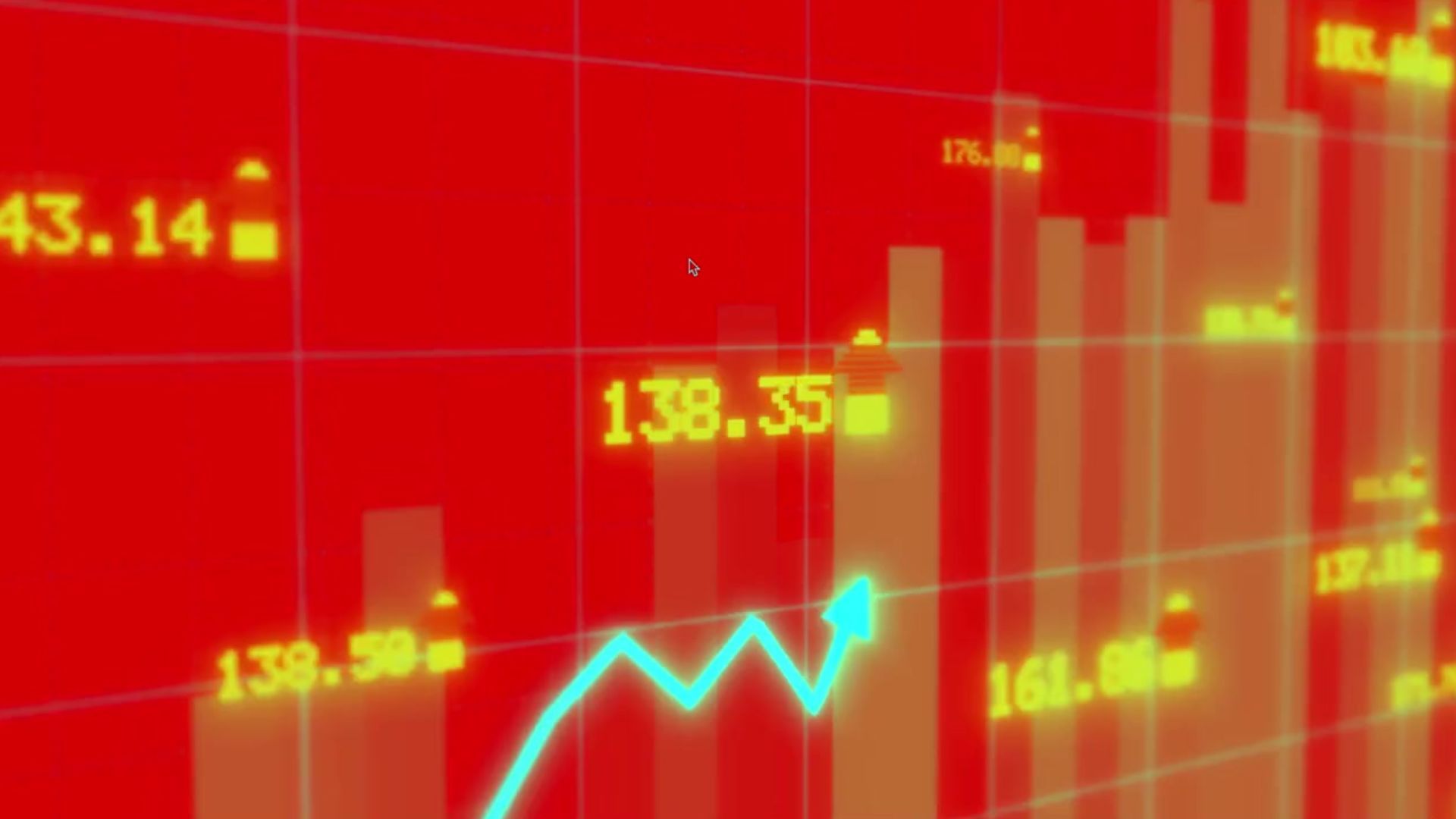Stock market chart on red background. Rising teal line, yellow numbers, and white bar graphs.