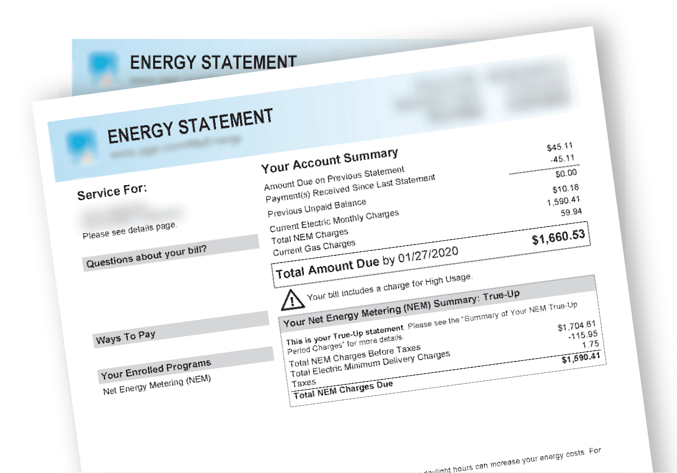 Energy statement document with a total amount due of $1,068.52.