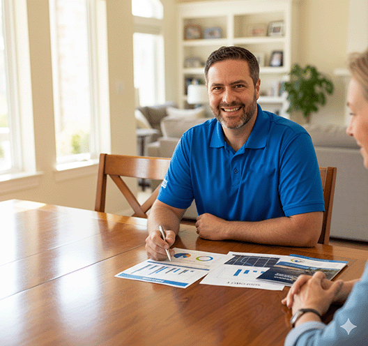 Man in blue shirt smiles at the viewer while reviewing a document with another person at a wooden table.