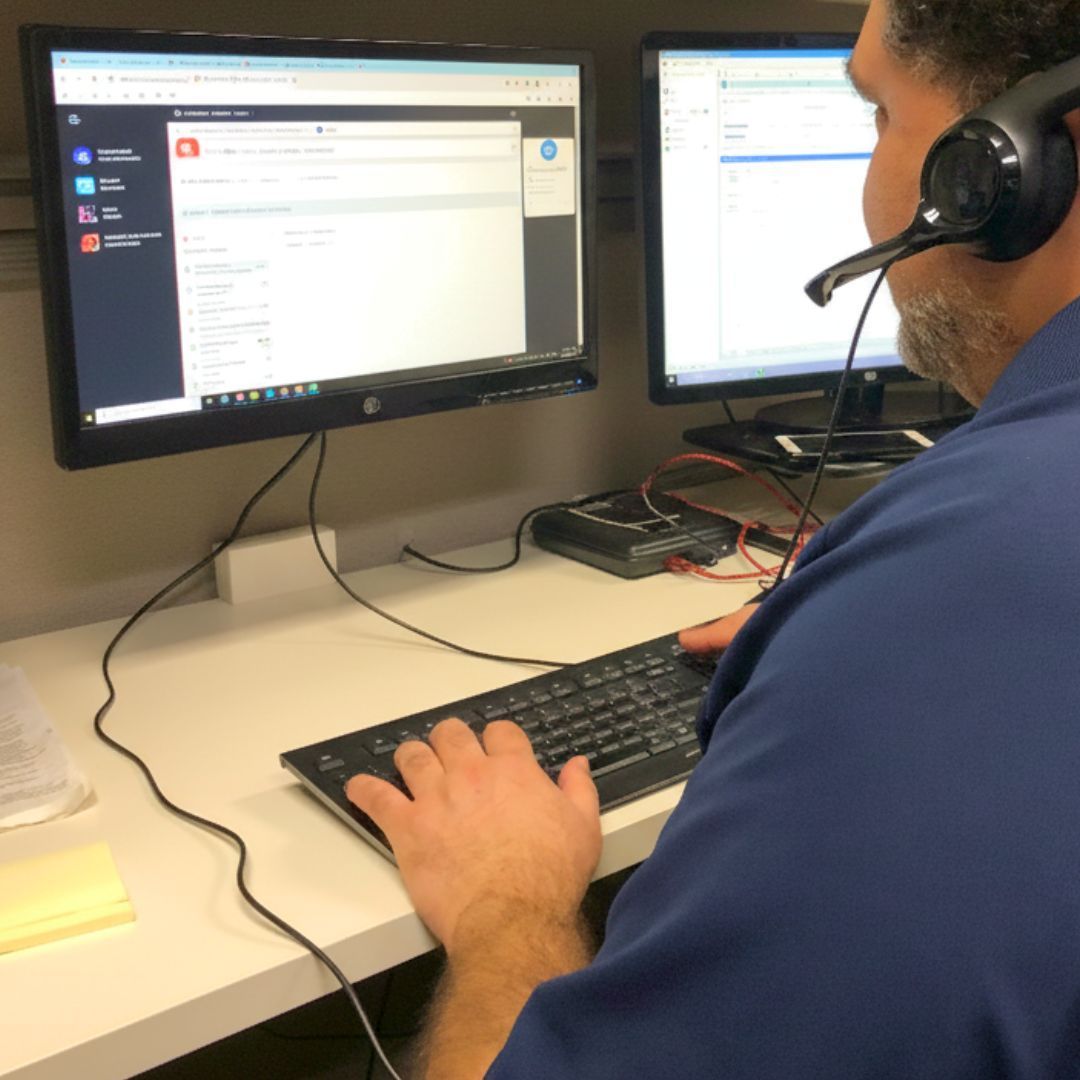 Person wearing a headset types at a keyboard, looking at dual computer monitors in an office setting.