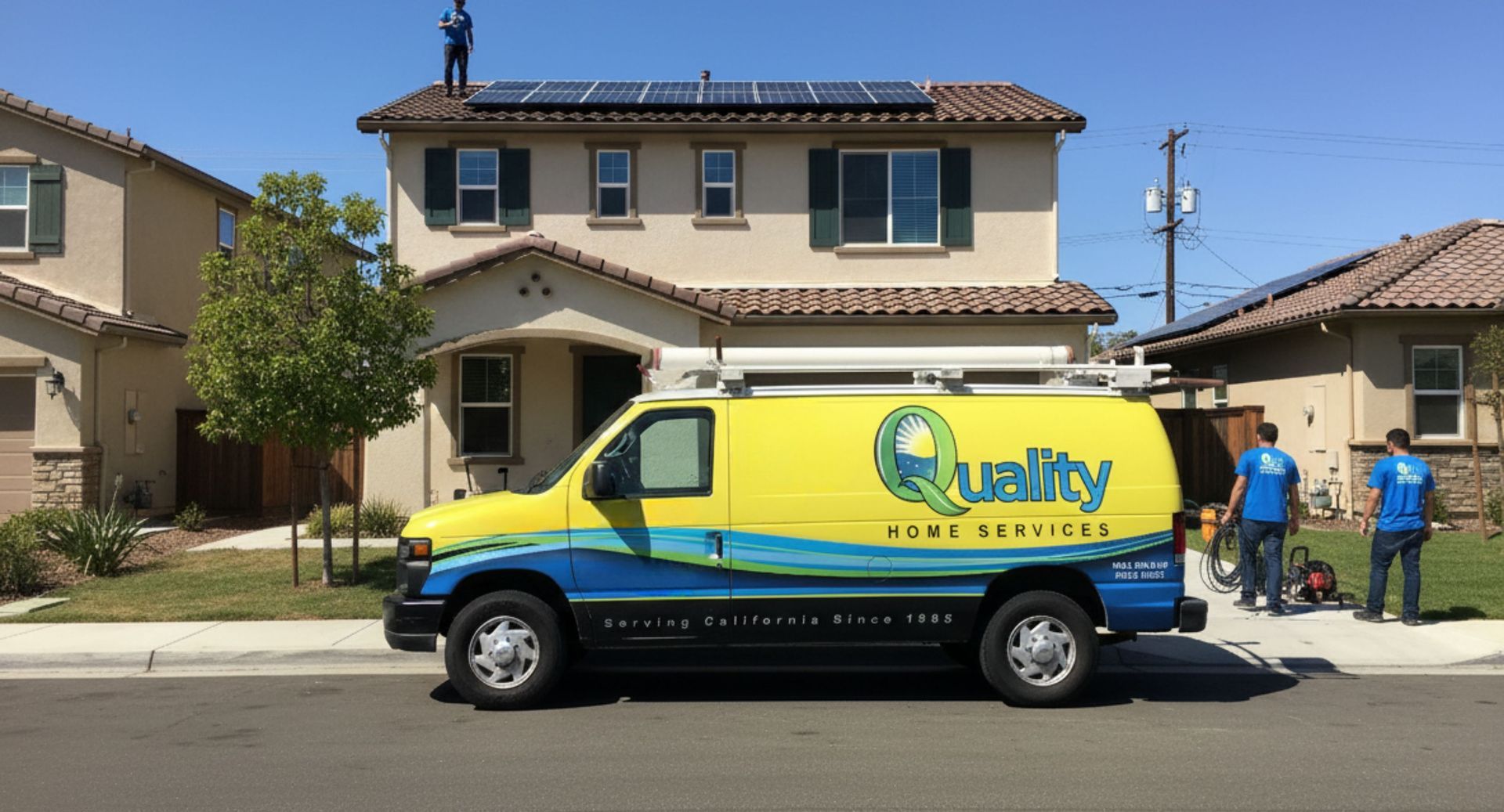Van with solar panel installers on roof of house.