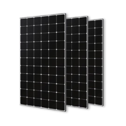 Three black solar panels with white grid lines, set against a white background.