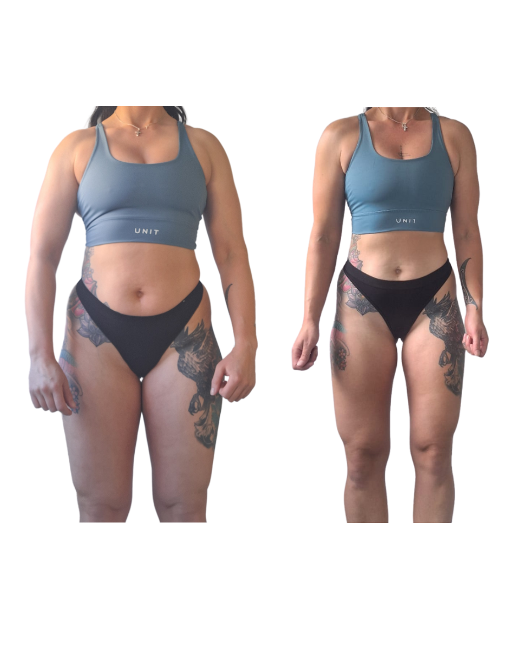 A before and after picture of a woman 's belly