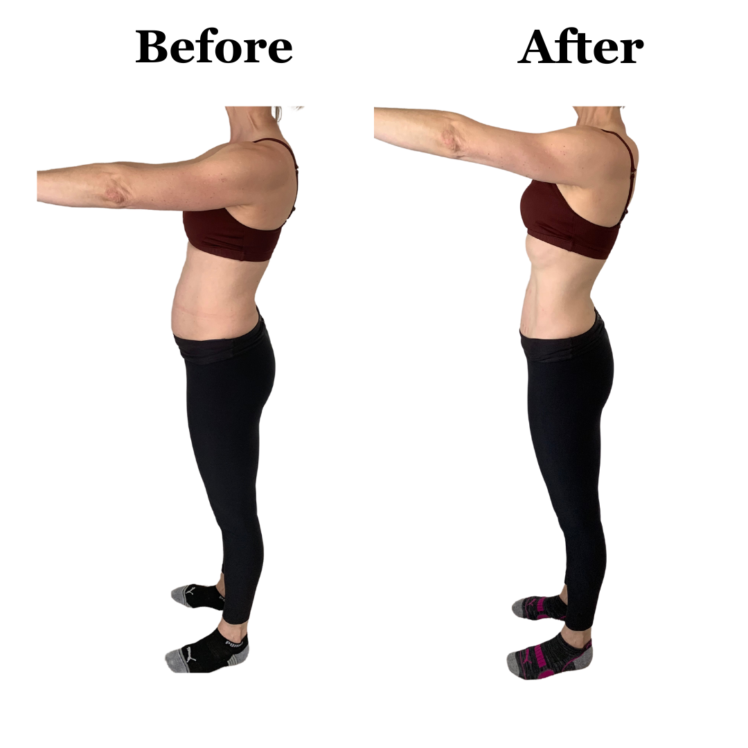 A before and after picture of a woman standing with her arms outstretched.