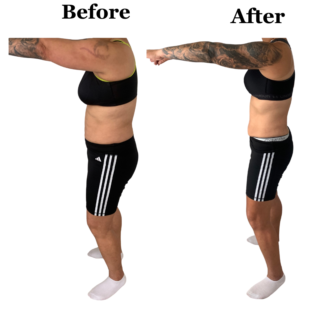 A before and after picture of a woman with tattoos on her arms