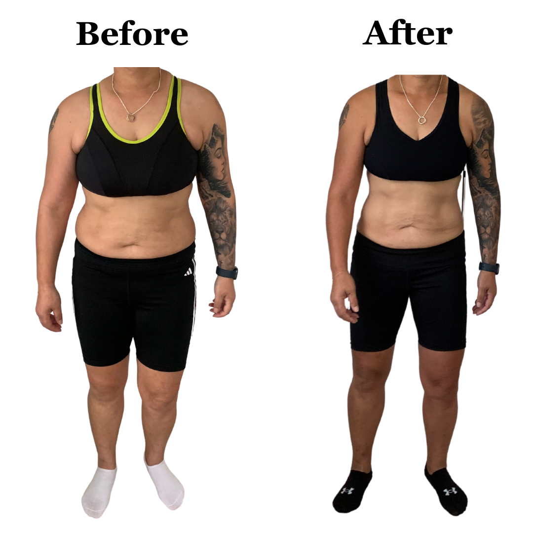 A before and after picture of a woman with tattoos