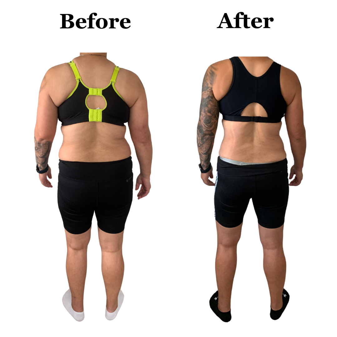 A before and after picture of a woman in a sports bra