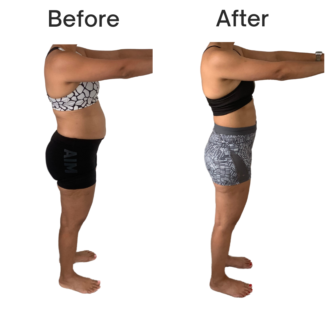 A before and after picture of a woman standing with her arms outstretched.