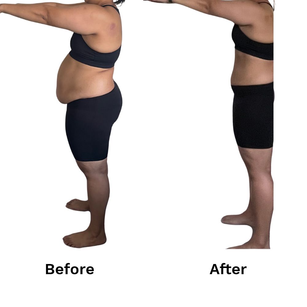 A before and after photo of a woman in black shorts