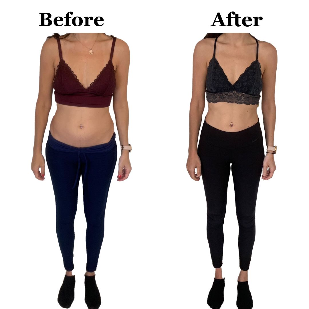 A before and after picture of a woman in a crop top and leggings