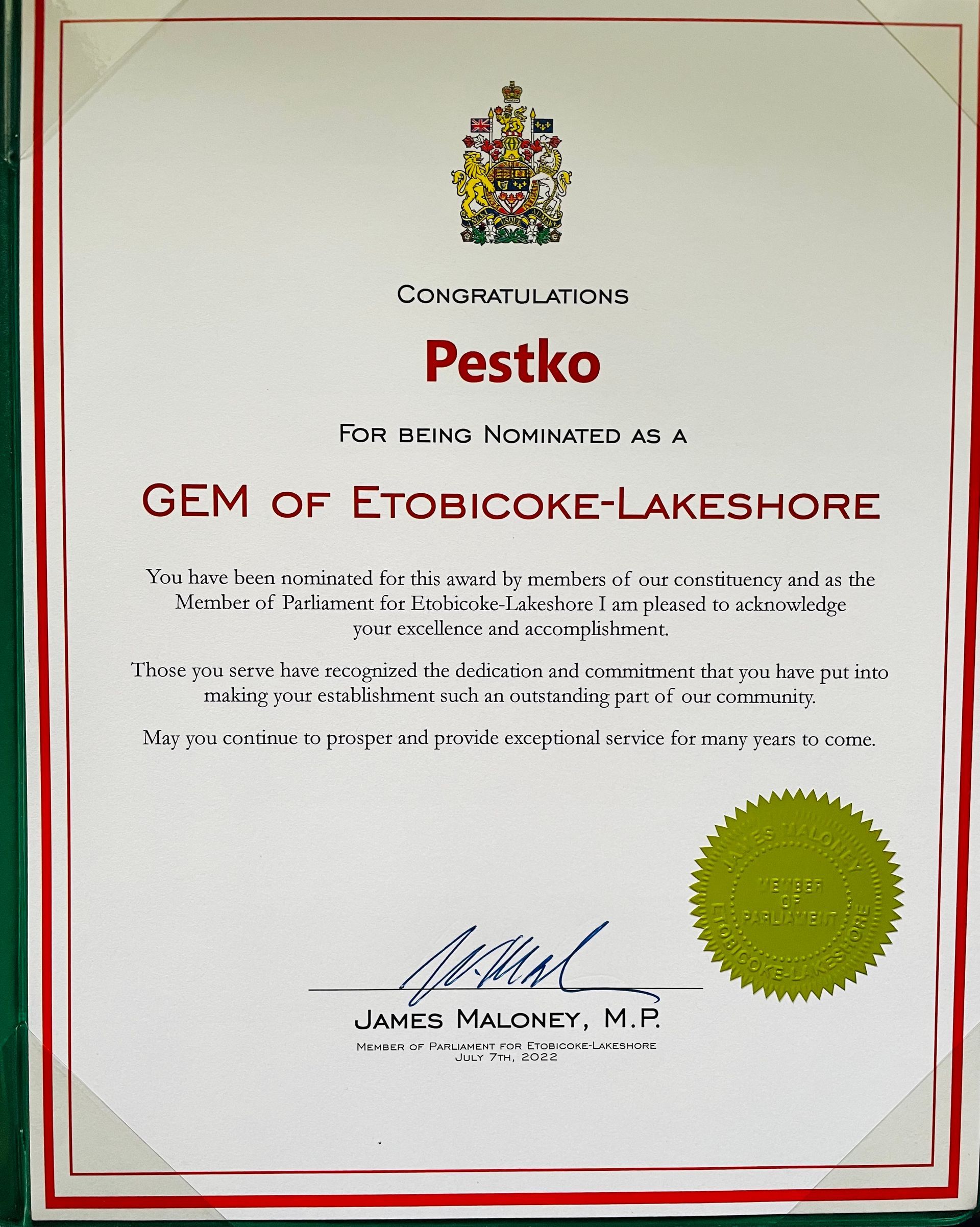 A certificate that says pestko on it