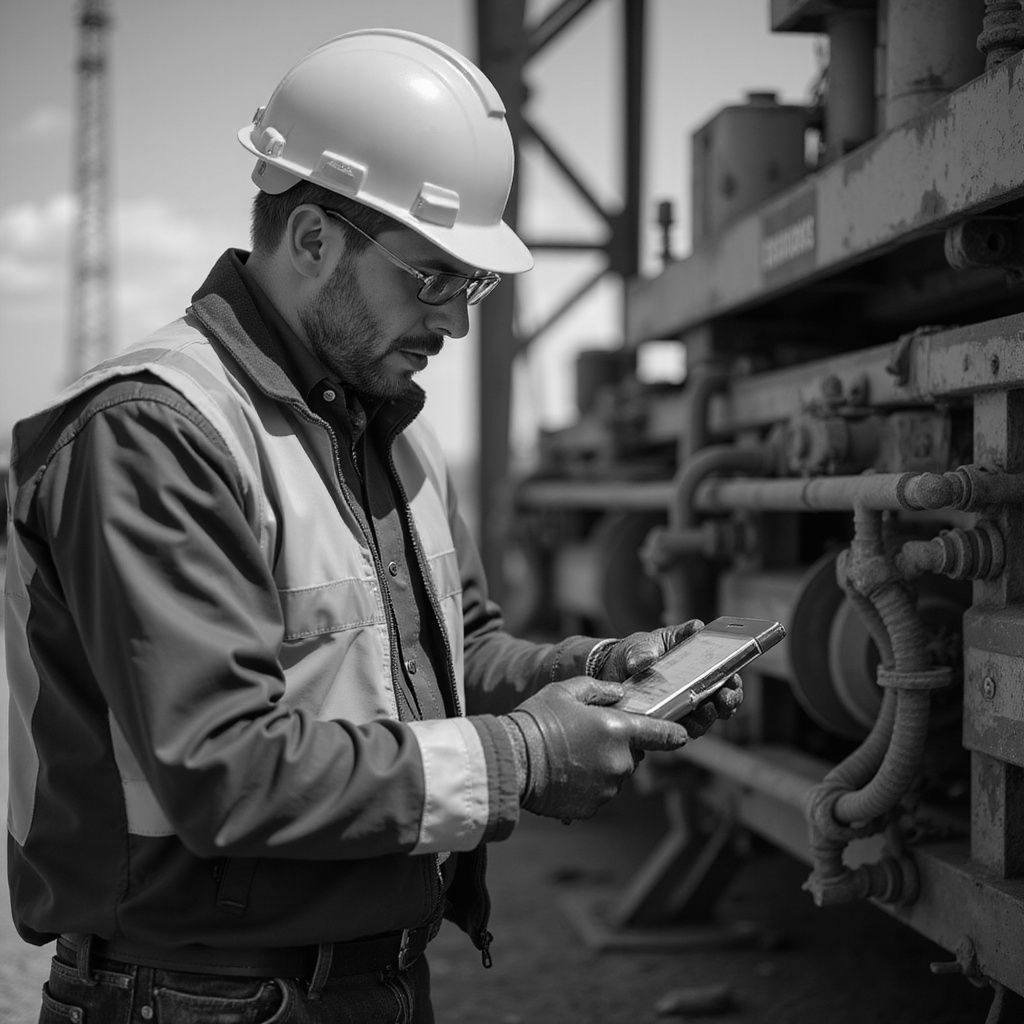 Worker in a hard hat and safety vest inspecting equipment with a handheld device outdoors.